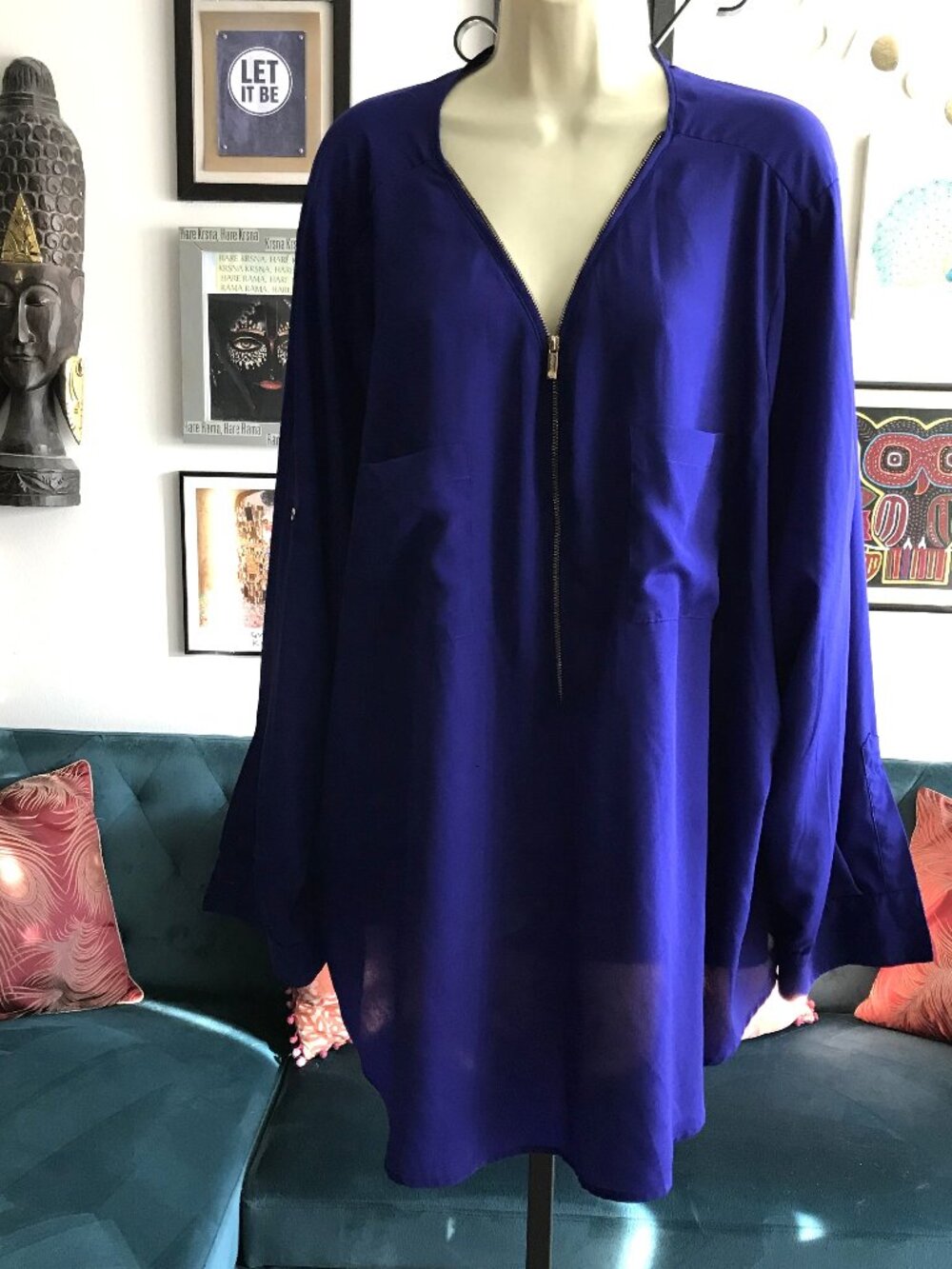 CALVIN KLEIN size 3X Royal Blue 1/2 Zip Pockets Roll Tab Sleeve Blouse Top